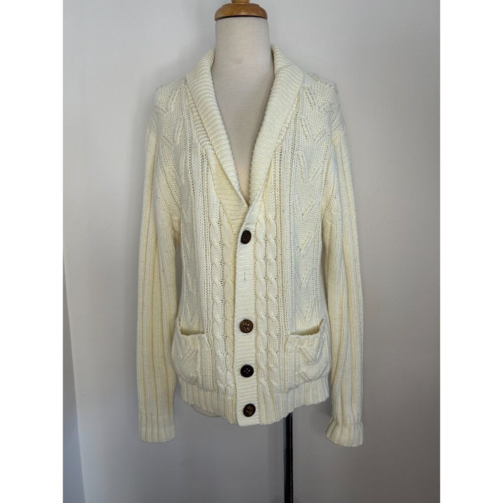 Vintage Sears Button Sweater Cable Knit Cardigan Cream Pockets Cobain M Grunge